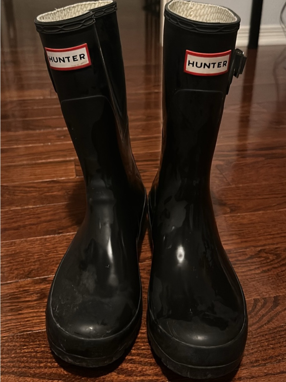 Hunter Black Gloss Rain Boots with Red Logo Trim